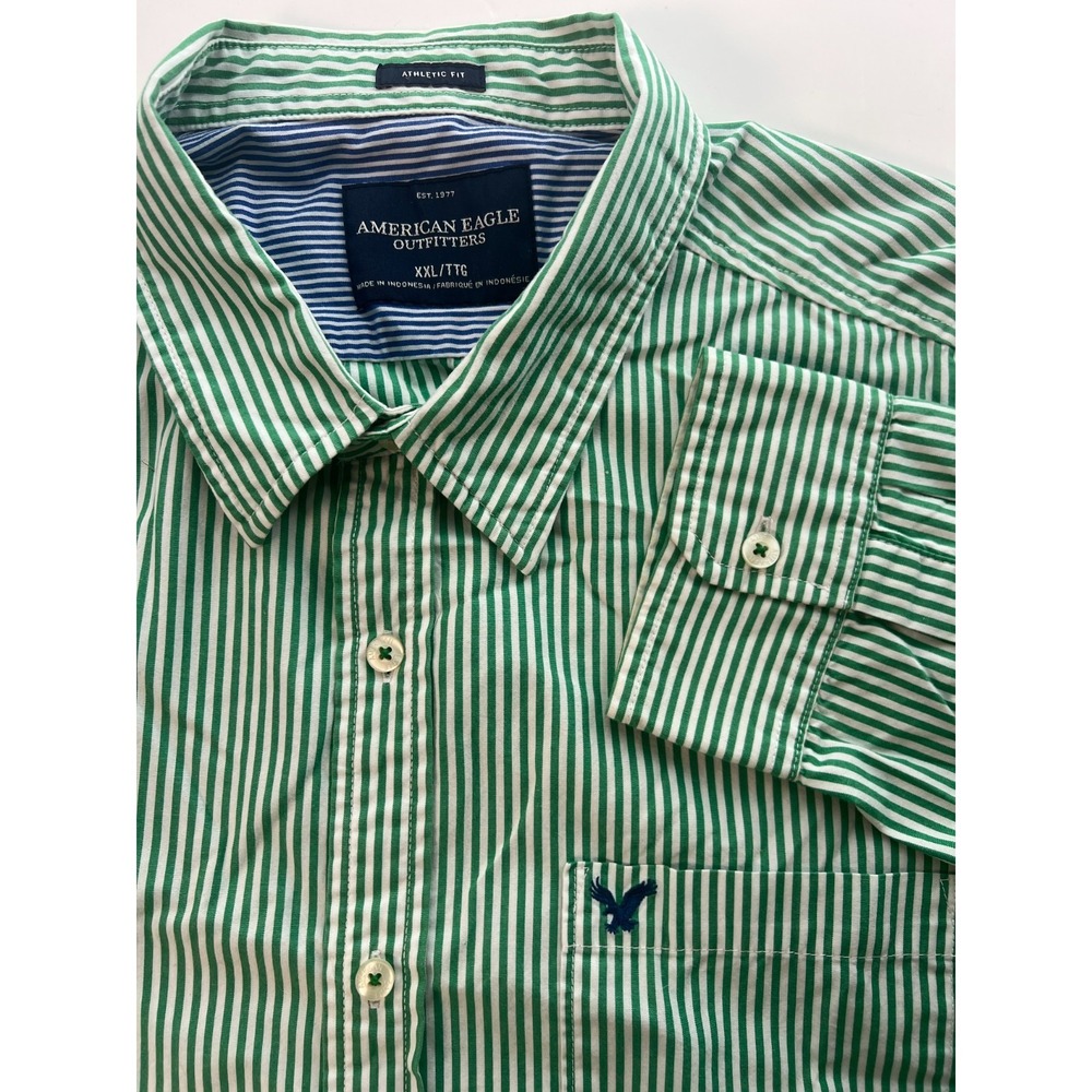 American Eagle Mens Shirt Sz XXL 2XL Green White Stripe Athletic Fit Cotton Logo